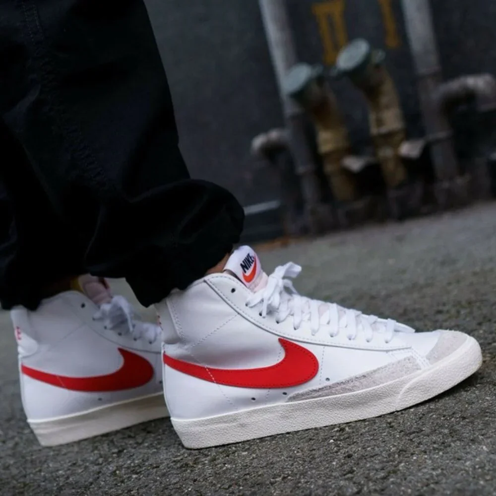 NIKE Sail White Blazer Mid 77 Habanero Red Logo High Top Sneaker Women's 9.5